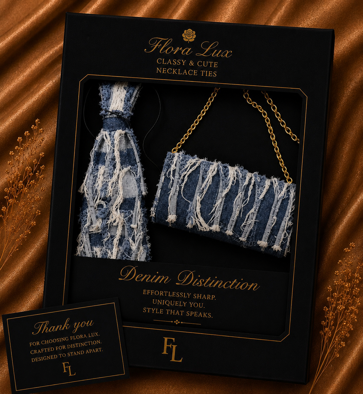 Flora Lux denim necklace and tie set packaging on a satin background